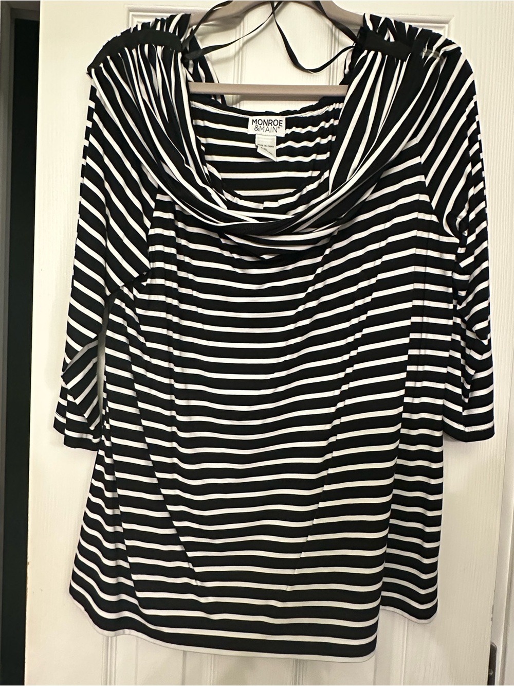 Monroe & Main Black and White Striped Knit Cowl Top